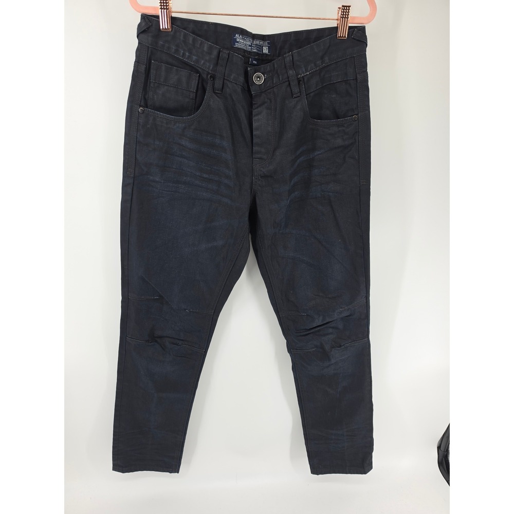 Ala Master Denim Goods Co Womens Dark Wash Coated Moto Jeans Size 34 W34 Indigo